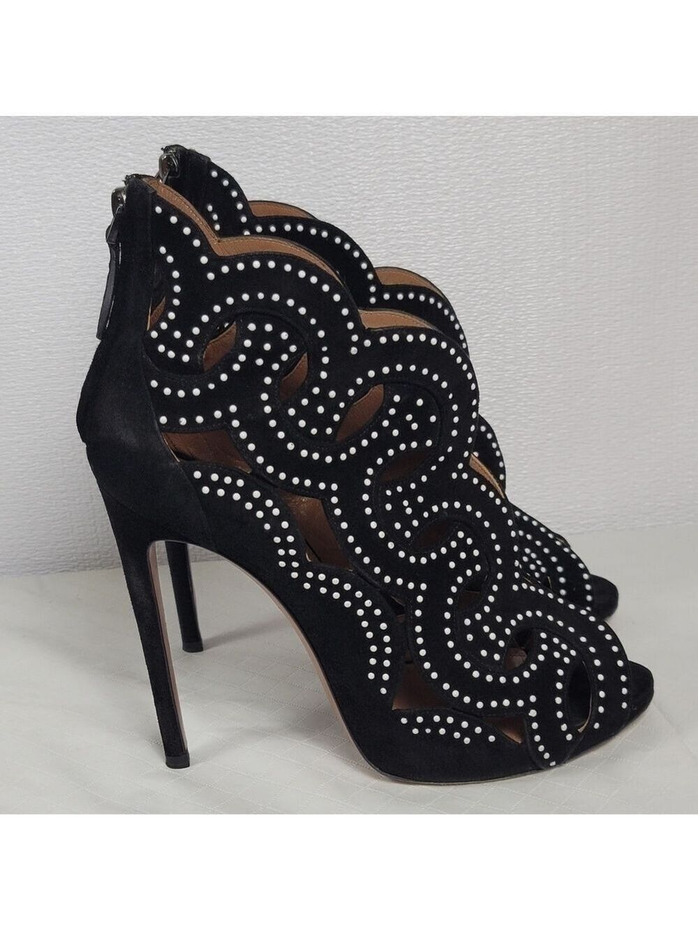 Alaia Black Suede Embellished Cutout Heel Sandals Size 40.5